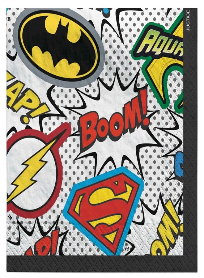 Amscan Justice League Heroes Unite Beverage Napkins - 5" x 5" (Pack Of 16), Vibrant & Fun Serviettes - Perfect For Birthdays, Themed Parties & Celebrations - Image 1