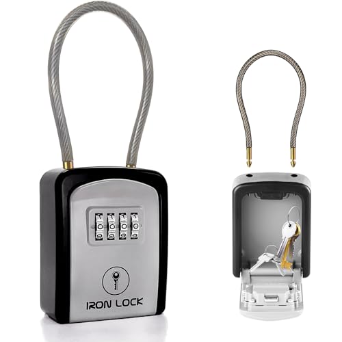 Iron Lock® Key Lock Box Portable with Removable Cable Shackle Indoor Outdoor Waterproof 4 Digit Combo Resettable Code with A B Switch Key Lockbox for Outside Spare Keys for Realtors (Small, Grey) - Image 1
