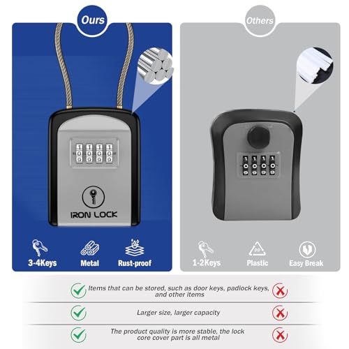 Iron Lock® Key Lock Box Portable with Removable Cable Shackle Indoor Outdoor Waterproof 4 Digit Combo Resettable Code with A B Switch Key Lockbox for Outside Spare Keys for Realtors (Small, Grey) - Image 4