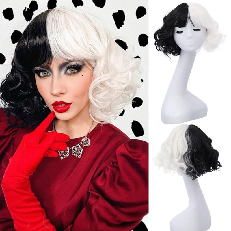 RightOn Black White Wig with Bangs Short Curly Black White Split Wigs for Women Cosplay Party Hairnet Include