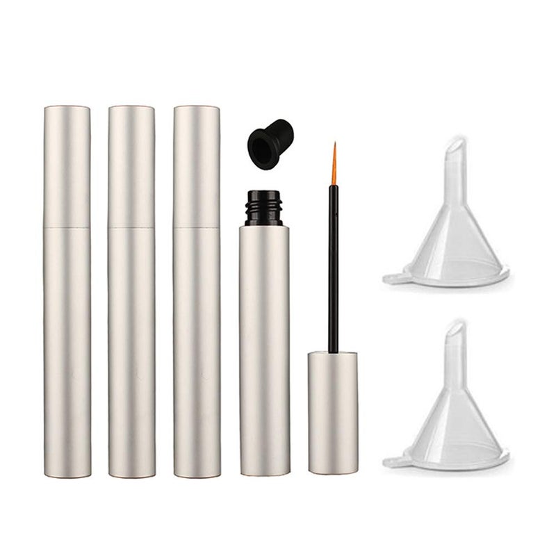 lasenersm 4 Pieces 5ml Aluminum Empty Eyeliner Tubes Refillable Eyelash Growth Liquid Bottle Plastic Eyeliner Vials Tube with Brush Eyelash Growth Oil Mascara Tube with 2 Mini Funnels MatteSilver