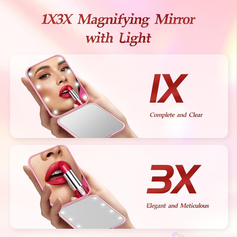 MOXYOY Pocket Mirror, 1X/3X Magnification LED Compact Mirror with Iternal BIattery, Portable, Handheld, Foldable Travel Makeup Mirror for Purse, Travel and Daily Use, Ideal for Gift Giving, Pink - Image 3
