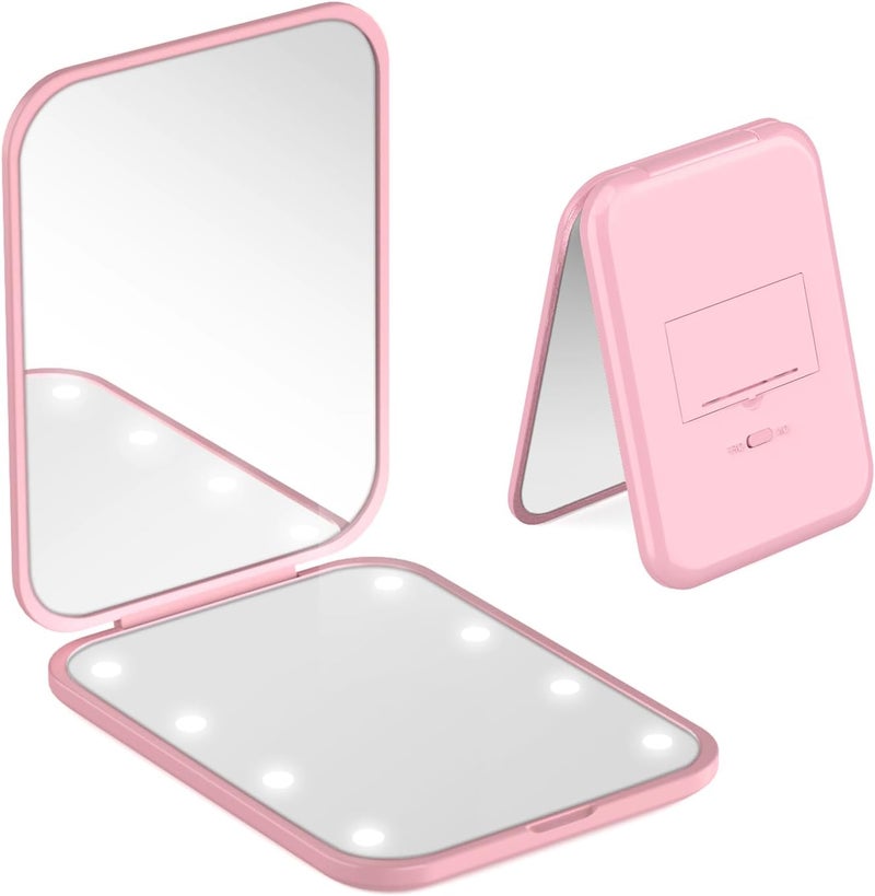 MOXYOY Pocket Mirror, 1X/3X Magnification LED Compact Mirror with Iternal BIattery, Portable, Handheld, Foldable Travel Makeup Mirror for Purse, Travel and Daily Use, Ideal for Gift Giving, Pink - Image 1