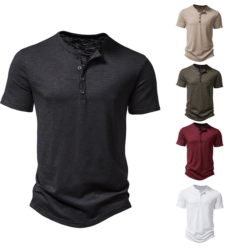 Men's Short-Sleeved T-Shirt Bamboo Cotton Henry Collar Pure Color Three-Quarter Sleeve Top T-Shirt - Image 5
