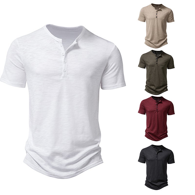 Men's Short-Sleeved T-Shirt Bamboo Cotton Henry Collar Pure Color Three-Quarter Sleeve Top T-Shirt - Image 4