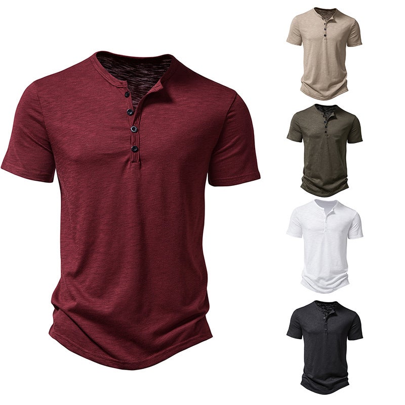 Men's Short-Sleeved T-Shirt Bamboo Cotton Henry Collar Pure Color Three-Quarter Sleeve Top T-Shirt - Image 3