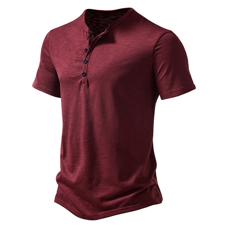 Men's Short-Sleeved T-Shirt Bamboo Cotton Henry Collar Pure Color Three-Quarter Sleeve Top T-Shirt - Image 1