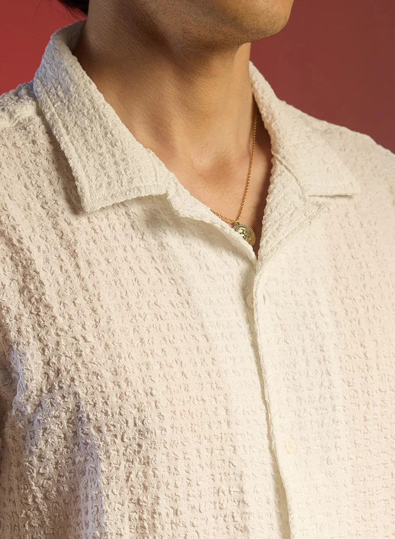 كامبوس سوترا Men's Chalk White Cubic-Seersucker Shirt