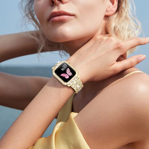 Mosonio Compatible with Bling Apple Watch Band 41mm with Shiny Metal Case for Women, Full Sparking Luxury Diamond Bands and Cover Set, Cute Charming Strap for iWatch SE Series 9/8/7(Gold, 41mm) - Image 2