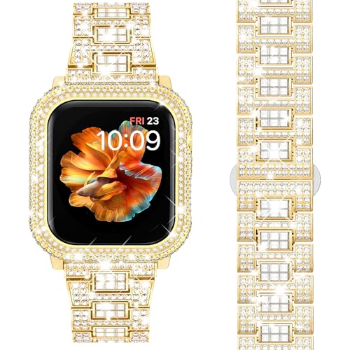 Mosonio Compatible with Bling Apple Watch Band 41mm with Shiny Metal Case for Women, Full Sparking Luxury Diamond Bands and Cover Set, Cute Charming Strap for iWatch SE Series 9/8/7(Gold, 41mm) - Image 1