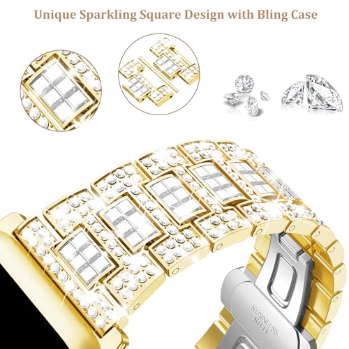 Mosonio Compatible with Bling Apple Watch Band 41mm with Shiny Metal Case for Women, Full Sparking Luxury Diamond Bands and Cover Set, Cute Charming Strap for iWatch SE Series 9/8/7(Gold, 41mm) - Image 5