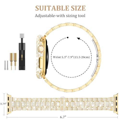 Mosonio Compatible with Bling Apple Watch Band 41mm with Shiny Metal Case for Women, Full Sparking Luxury Diamond Bands and Cover Set, Cute Charming Strap for iWatch SE Series 9/8/7(Gold, 41mm) - Image 3