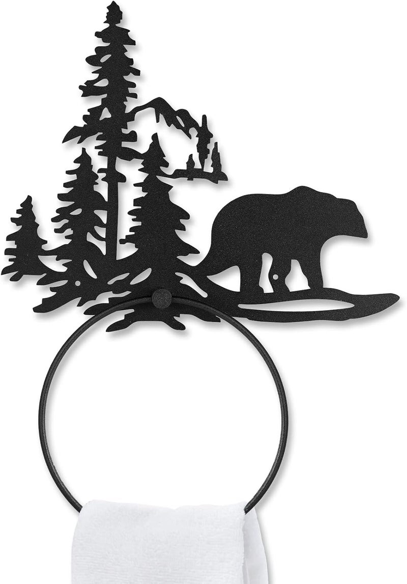 Funrous Bear Towel Ring for Bathroom Matte Black Hand Towel Holder Hardware Cabin Hand Cloth Ring Rustic Bathroom Facecloth Holders Wall Mount Round Washcloth Racks for Bath Kitchen Decor - Image 1