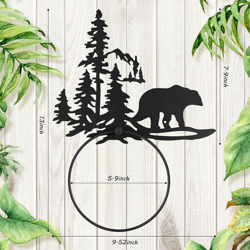 Funrous Bear Towel Ring for Bathroom Matte Black Hand Towel Holder Hardware Cabin Hand Cloth Ring Rustic Bathroom Facecloth Holders Wall Mount Round Washcloth Racks for Bath Kitchen Decor - Image 2