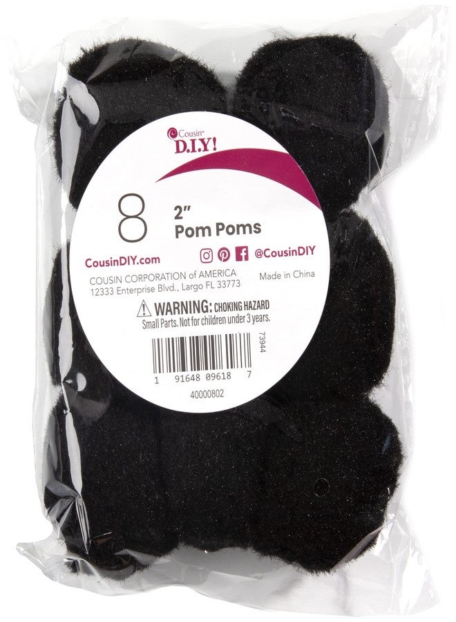 2 inch Black Pom-Poms, 8 Pack