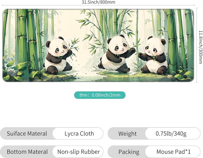 Dynippy Thin Extended Gaming Mouse Pad （31.5 * 11.8 * 0.08 inch） with Stitched Edges Large Mousepad Long XXL Keyboard and Mouse pad Desk Mat for Gaming Office & Home - Cute Panda - Image 2
