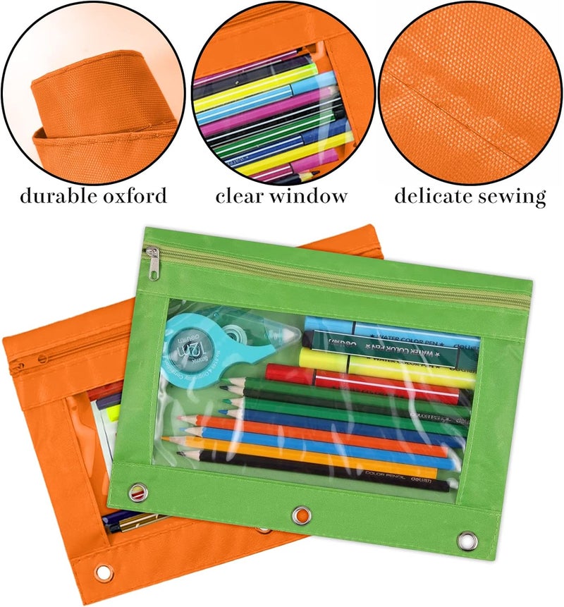 WODISON 3-Ring Pen Pencil Pouch with Clear Window Stationery Bag Binder Case Classroom Organizers Orange - Image 3