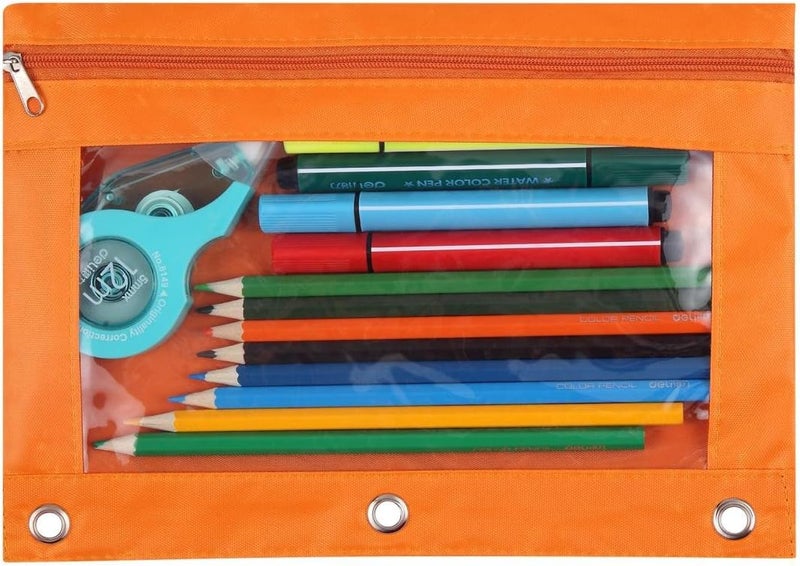 WODISON 3-Ring Pen Pencil Pouch with Clear Window Stationery Bag Binder Case Classroom Organizers Orange - Image 1