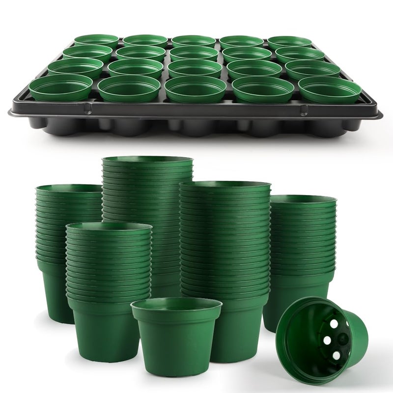 RooTrimmer 3 Inch Nursery Pots 100 Pcs with 5 Pcs 20 Cell Nursery Pot Trays, 5 Sets Seed Starting Kit for Seedlings, Propagation and Home Gardening, Sturdy Green Seeds Starter Pot Tray Germination Set - Image 1