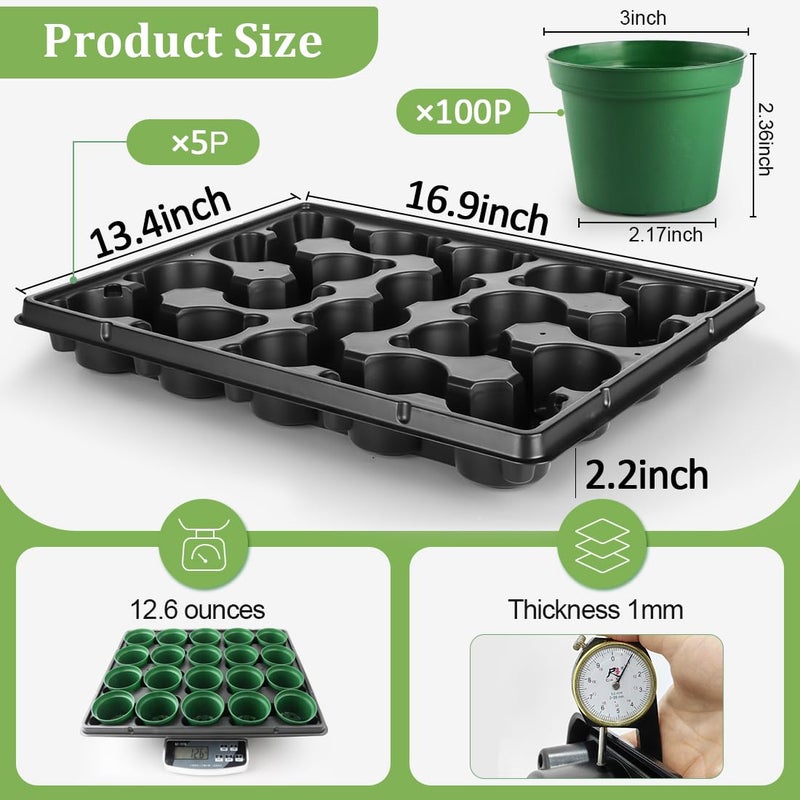RooTrimmer 3 Inch Nursery Pots 100 Pcs with 5 Pcs 20 Cell Nursery Pot Trays, 5 Sets Seed Starting Kit for Seedlings, Propagation and Home Gardening, Sturdy Green Seeds Starter Pot Tray Germination Set - Image 2