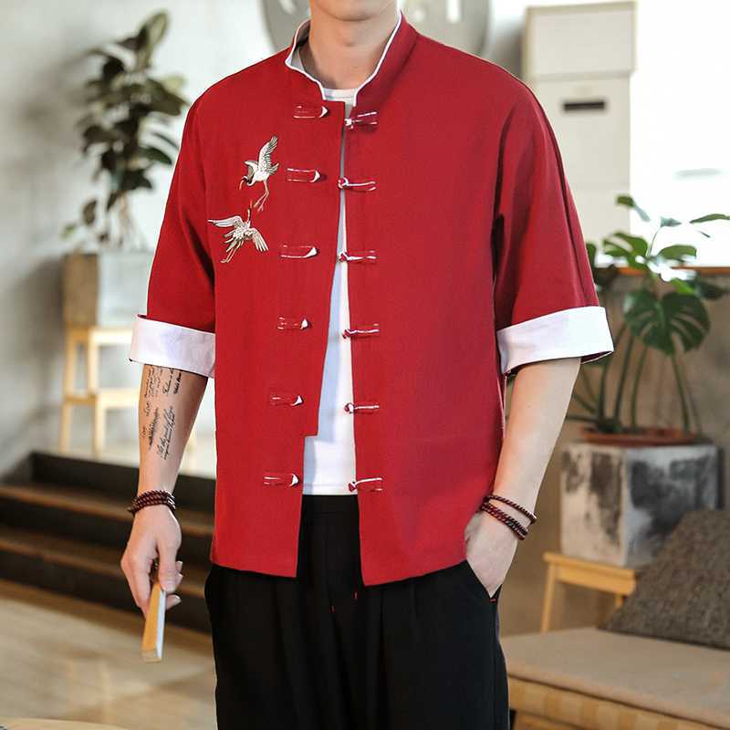Physiotherapist Work Clothes Short-sleeved Shirt Mens Top Traditional Chinese Medicine Health Care Hall Massage Foot Therapy Vintage Zen Clothing chinese red - Image 1