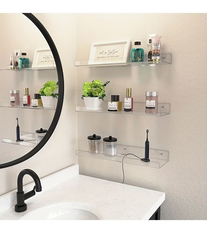 Clear Acrylic Floating Shelves 2 Pack U Shaped Wall Mounted Display Rack No Drill Space Saving Organizer Utility Rack 11.8 Inch 30cm X 3.94 Inch 10cm For Kitchen Bathroom Office - Image 1