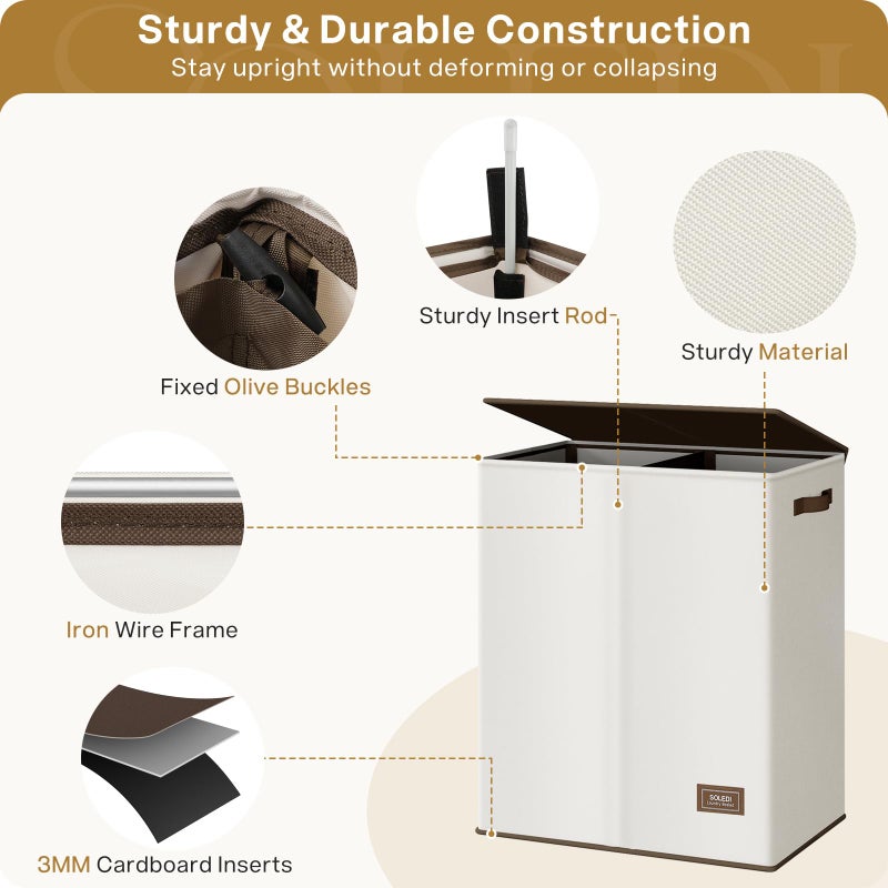 SOLEDI Luxury Double Laundry Hamper with Lid and Removable Bags, Large Hamper for Laundry, Laundry Basket 2 Sections, Collapsible Ditry Clothes Hamper for Bedroom, Laundry Room, Bathroom, Off-white - Image 5