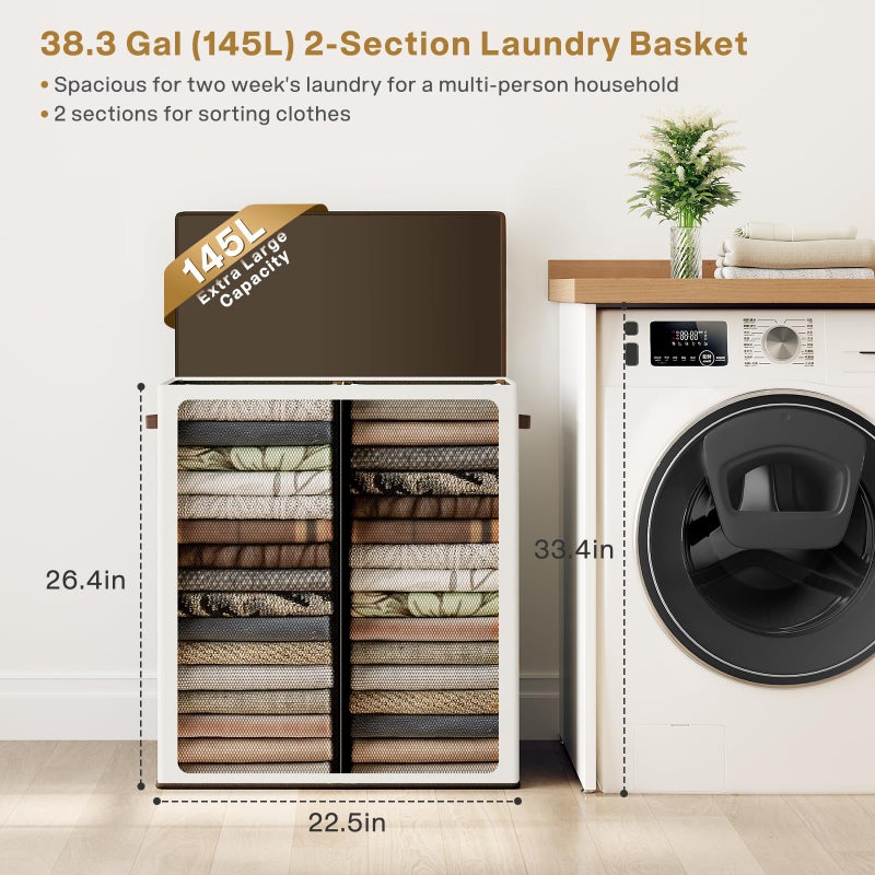 SOLEDI Luxury Double Laundry Hamper with Lid and Removable Bags, Large Hamper for Laundry, Laundry Basket 2 Sections, Collapsible Ditry Clothes Hamper for Bedroom, Laundry Room, Bathroom, Off-white - Image 2