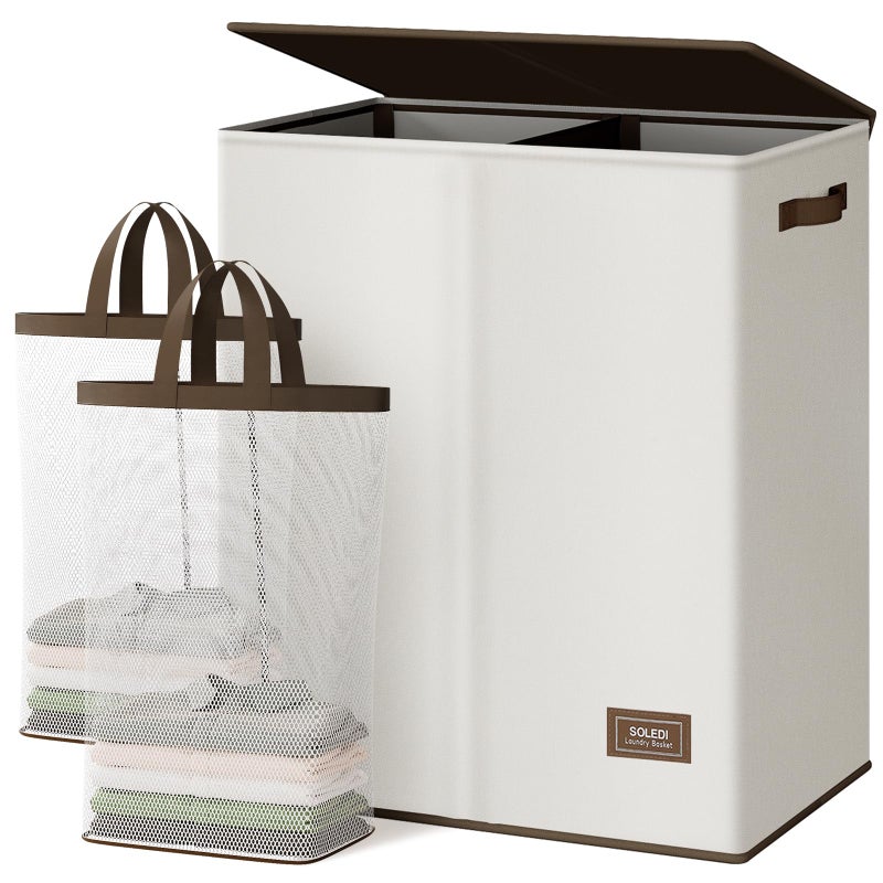 SOLEDI Luxury Double Laundry Hamper with Lid and Removable Bags, Large Hamper for Laundry, Laundry Basket 2 Sections, Collapsible Ditry Clothes Hamper for Bedroom, Laundry Room, Bathroom, Off-white - Image 1