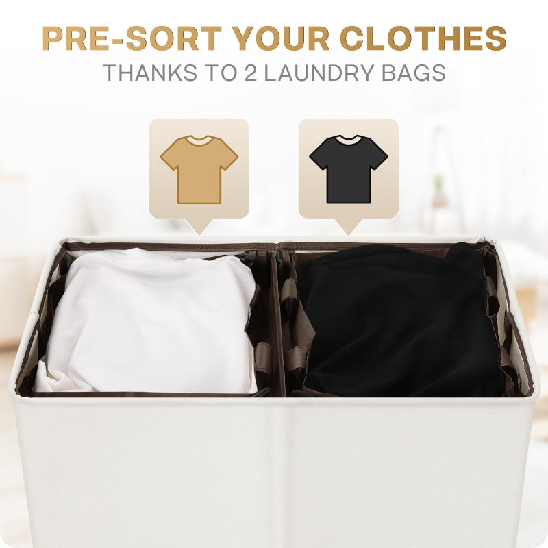 SOLEDI Luxury Double Laundry Hamper with Lid and Removable Bags, Large Hamper for Laundry, Laundry Basket 2 Sections, Collapsible Ditry Clothes Hamper for Bedroom, Laundry Room, Bathroom, Off-white - Image 4
