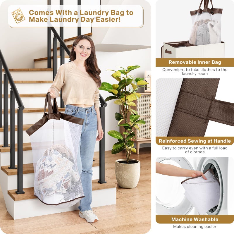 SOLEDI Luxury Double Laundry Hamper with Lid and Removable Bags, Large Hamper for Laundry, Laundry Basket 2 Sections, Collapsible Ditry Clothes Hamper for Bedroom, Laundry Room, Bathroom, Off-white - Image 3