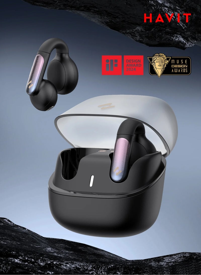 havit Open-Ear Clip Headphones with Bluetooth V5.3, Dual Microphones, and High-Quality Stereo Sound, AI Call Noise Cancellation for Clear Calls, Earbud and Ear Hook Design, IPX4 Waterproof Rating, 23 Hours of Playtime with Charging Case, Type-C Charging, and Smart touch controls- Black - Image 1