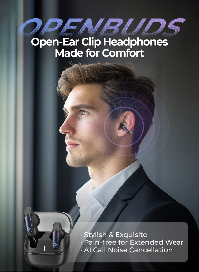 havit Open-Ear Clip Headphones with Bluetooth V5.3, Dual Microphones, and High-Quality Stereo Sound, AI Call Noise Cancellation for Clear Calls, Earbud and Ear Hook Design, IPX4 Waterproof Rating, 23 Hours of Playtime with Charging Case, Type-C Charging, and Smart touch controls- Black - Image 2