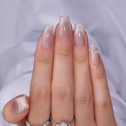 BTArtbox Press On Nails Short  Cat Eye French Tip Press On Nails Coffin Light Weight  Fit Perfectly Nail Tips Natural Fake Nail with Glue Glue On Nails in 16 Sizes  30 Nail Kit Milky Way