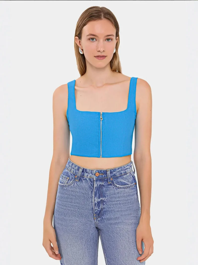 زوبعة بلوزة قصيرة بياقة مربعة بدون أكمام وسحاب