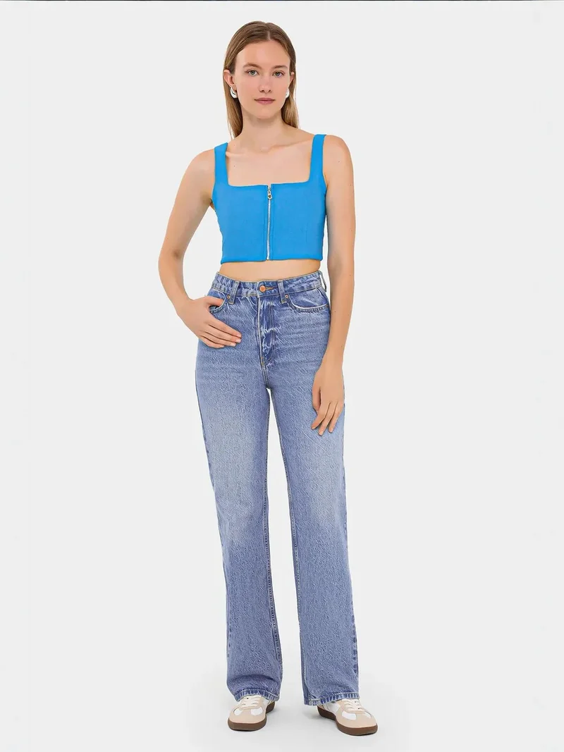 زوبعة بلوزة قصيرة بياقة مربعة بدون أكمام وسحاب