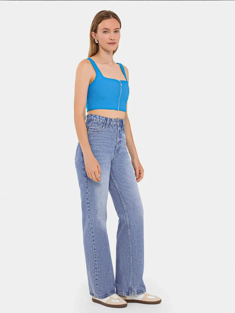 HICCUP Square Neck Sleeveless Cropped Top with Zip Detail