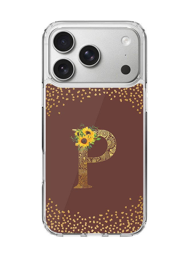Stylizedd Classic Clear MagSafe Case for iPhone 17 Pro , Hybrid Soft Case Flexible Edges Anti Drop TPU PC Gel Thin Transparent Cover [ Designed for iPhone 17 Pro ] - Custom Monogram Initial Letter Floral Pattern Alphabet - P  (Brown )