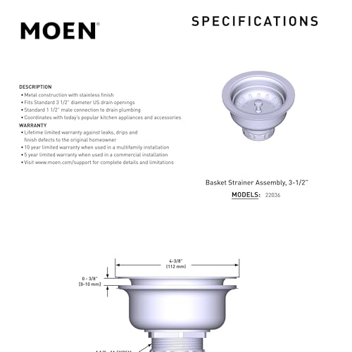 Moen Kitchen Sink Stainless Steel Basket Strainer with Drain Assembly, 3-1/2 Inch Sink Drain Stopper Plug, 22036 - Image 2