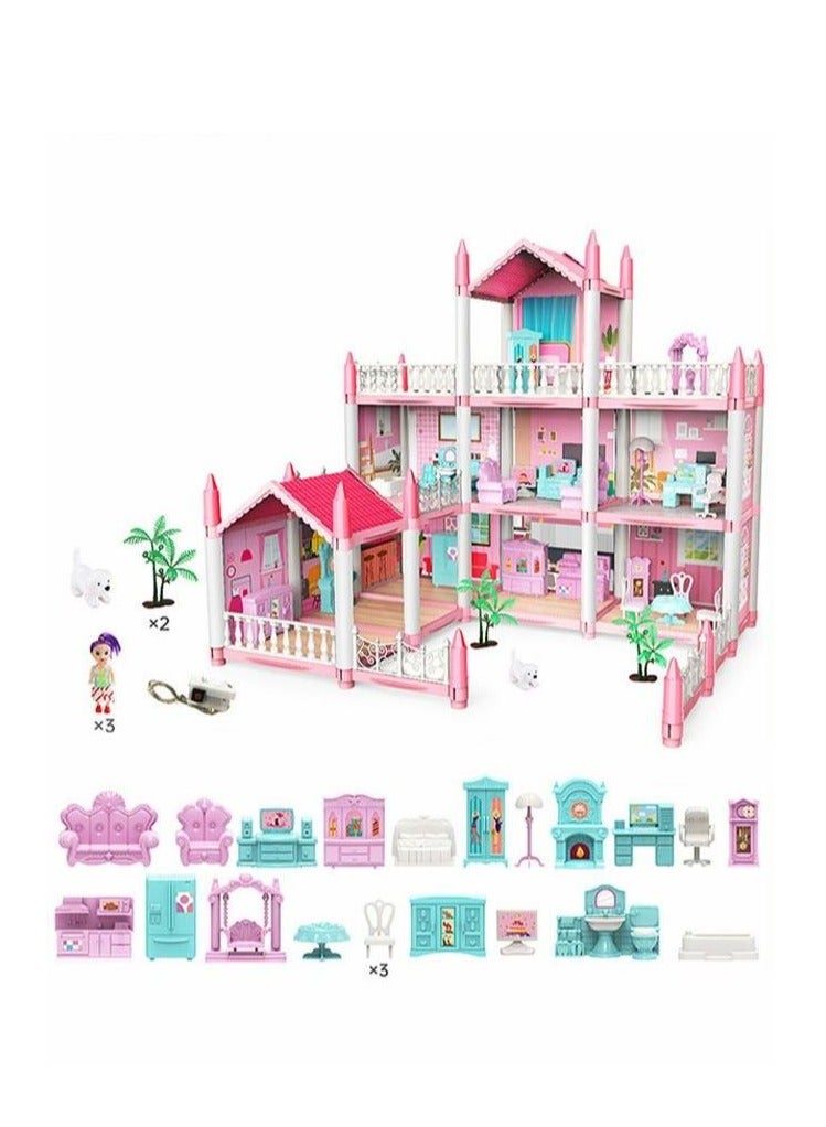 Doll House Dollhouse Toy- 3 Story 9 Rooms Pink DIY Pretend Play Building  Playset Dollhouse Asseccories and Furnitures Princess Dream Gift for  Girls and Kids  - Image 1