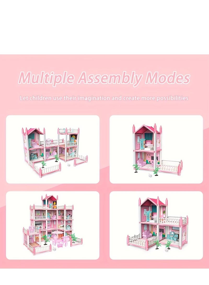 Doll House Dollhouse Toy- 3 Story 9 Rooms Pink DIY Pretend Play Building  Playset Dollhouse Asseccories and Furnitures Princess Dream Gift for  Girls and Kids  - Image 4