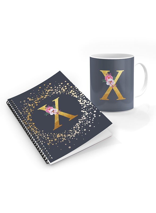 Stylizedd Printed Coffee Mug + A5 Spiral Notebook Memo Personalised Combo Gift Set Custom Monogram Initial Letter Floral Pattern Alphabet - X  (Grey )