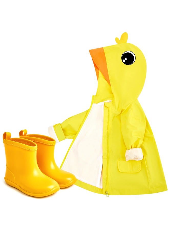 Twistover 2 Pcs Toddler Raincoat Rain Boots Set Kids Girls Duck Cartoon Zipper Jacket Short Rain Shoes for Baby Boys(Yellow Duck, 2 T) - Image 1