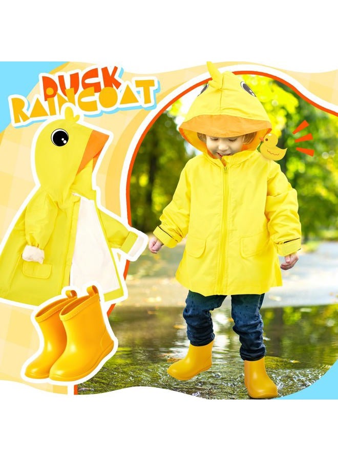 Twistover 2 Pcs Toddler Raincoat Rain Boots Set Kids Girls Duck Cartoon Zipper Jacket Short Rain Shoes for Baby Boys(Yellow Duck, 2 T) - Image 2