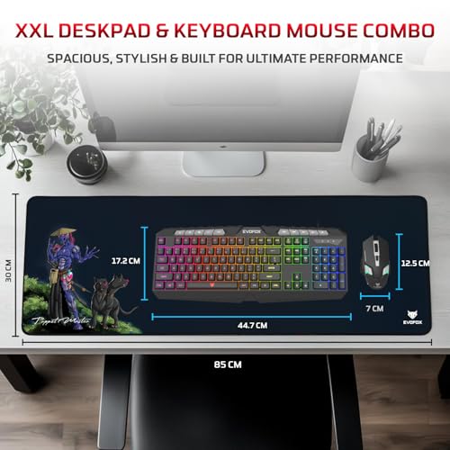 EvoFox Deathray v2 3 in 1 Gaming Keyboard & Mouse Combo with Puppet Master Deskpad | 6 Zone RGB Backlighting, 19 Anti Ghosting Keys, Membrane Keys, Ergonomic, Full-Size | 6 Buttons, 7 Color LED Lighting, Upto 3600DP | Extended Deskpad (Wired) - Image 2