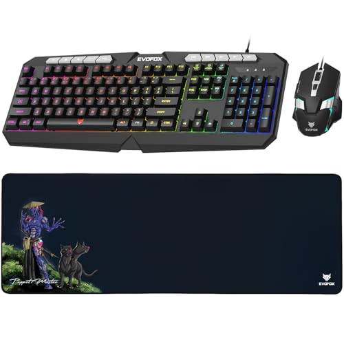EvoFox Deathray v2 3 in 1 Gaming Keyboard & Mouse Combo with Puppet Master Deskpad | 6 Zone RGB Backlighting, 19 Anti Ghosting Keys, Membrane Keys, Ergonomic, Full-Size | 6 Buttons, 7 Color LED Lighting, Upto 3600DP | Extended Deskpad (Wired) - Image 1