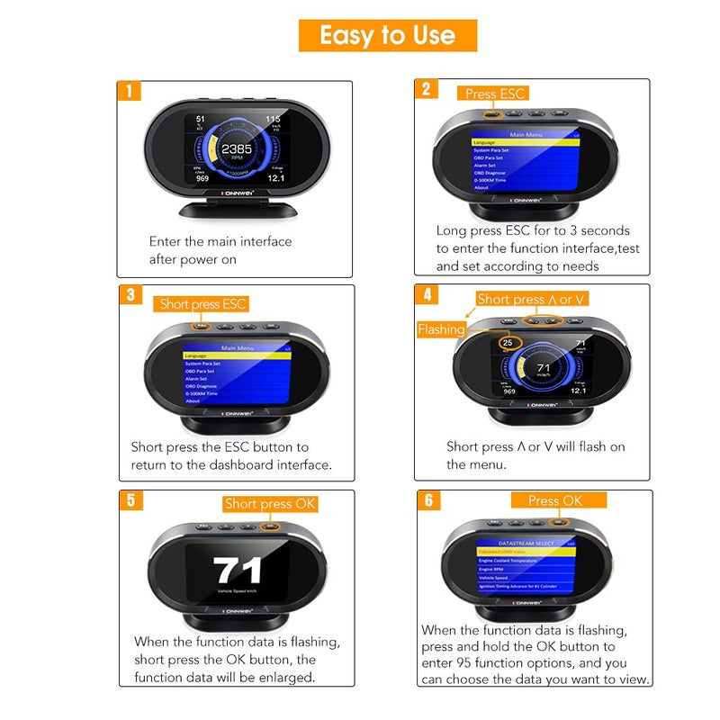 KONNWEI KW206 OBD2 HUD Digital Meter Gauge - Image 3