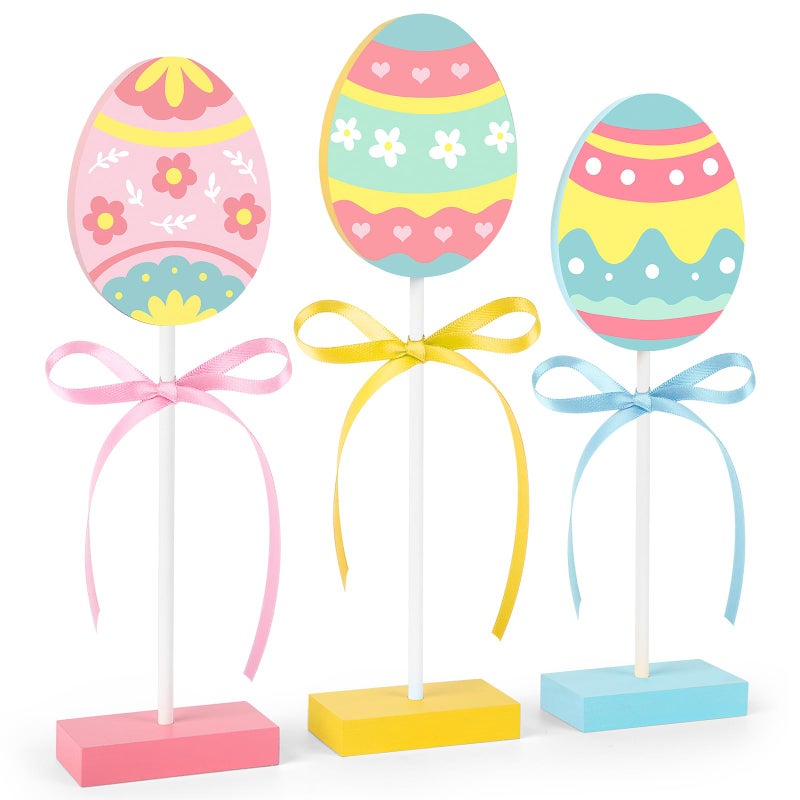 Hedeey 3-Piece Easter Tiered Tray Decor Set, Wooden Eggs Signs, Colorful Easter Decor for Home & Party (ET010701) - Image 1