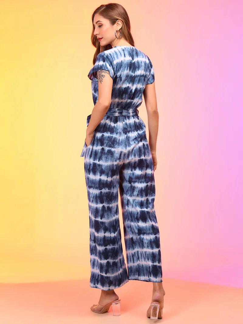 جلو باص Women Tie & Dye V-Neck Waist Tie-Ups Jumpsuit With Belt