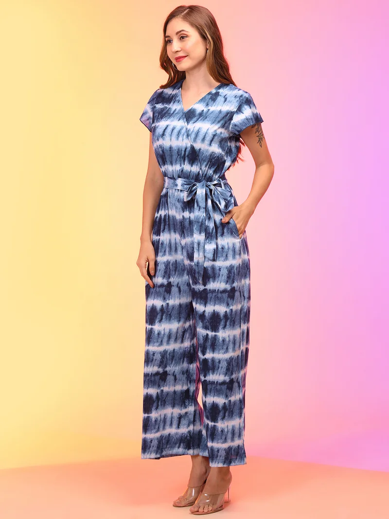 جلو باص Women Tie & Dye V-Neck Waist Tie-Ups Jumpsuit With Belt